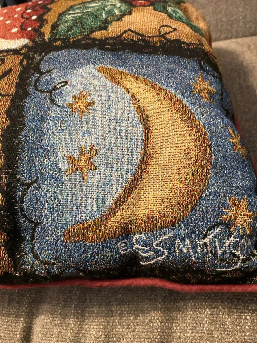 Vintage Christmas Tapestry Pillow Tree Wreath Moon Holly